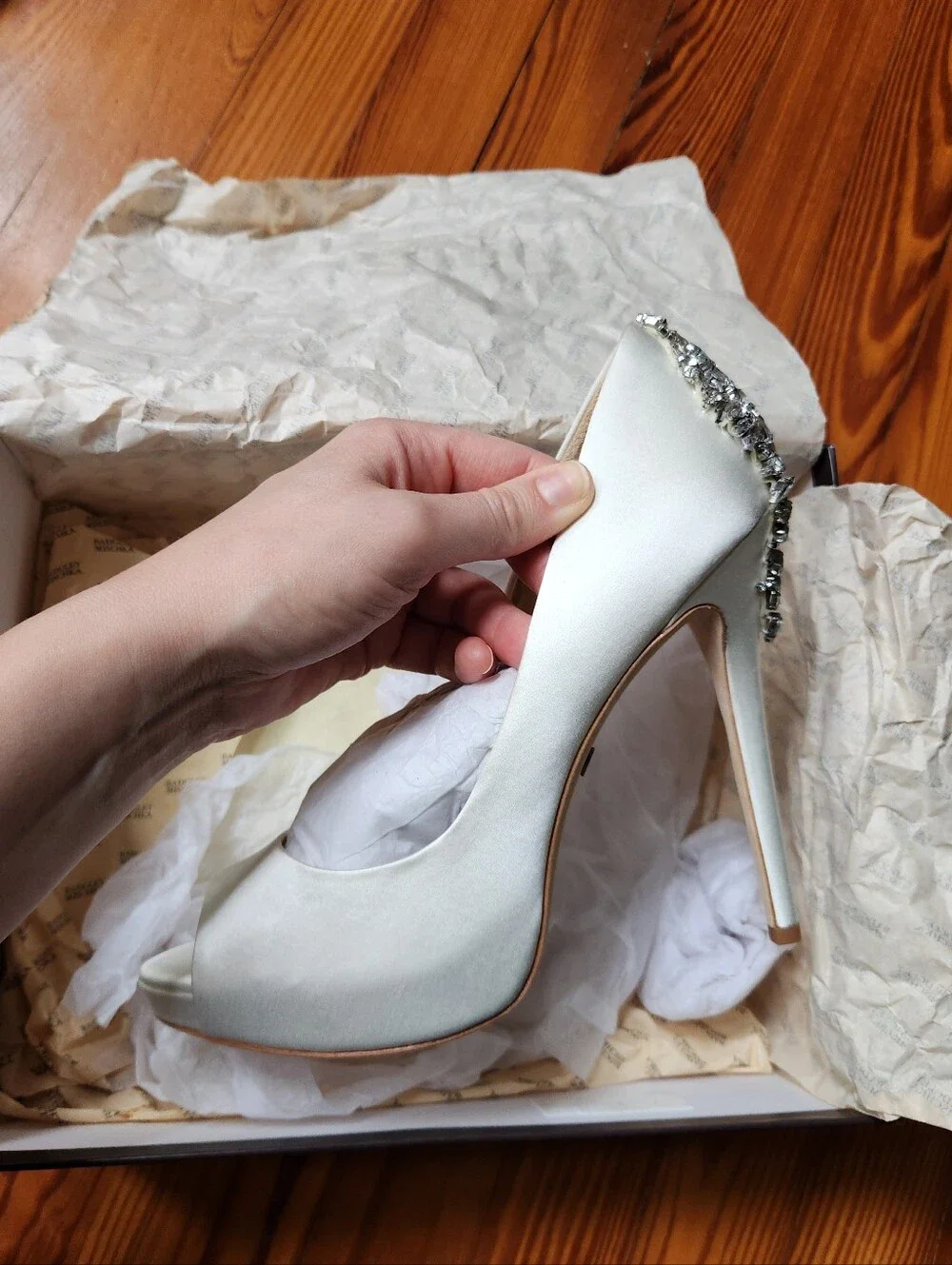 Badgley Mischka Kiara Satin Peep-Toe Heels with Crystal Back Detail